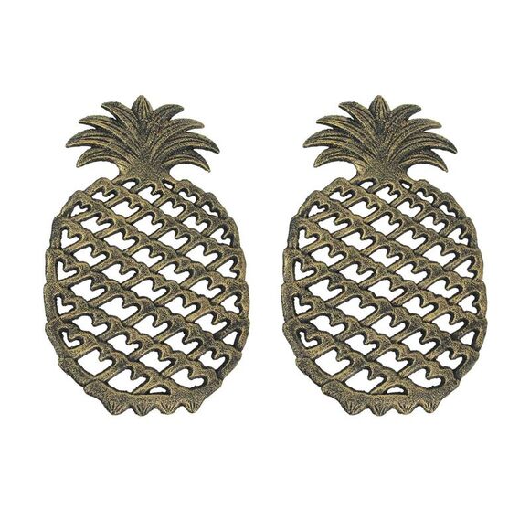 2 Piece Antique Bronze Finish Tropical Pineapple Cast Iron Trivet Set - Picture 1 of 5